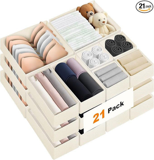 Drawer Organizer Clothes, 21 Pack Dresser Organizer for Baby Clothes, Underwear, Socks, 3 Sizes Foldable Closet Organization and Storage Bins for Nursery, Bedroom (Light Beige)