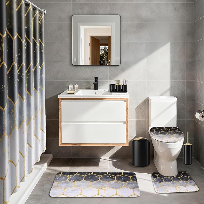 25 Pieces Bathroom Set Black and Gold Bathroom Accessories Set, Shower Curtain and Rugs, Trash Can, Toilet Brush, Soap Dispenser, Soap Dish, Toothbrush Holder, Tumbler, Tray, Qtip Holder