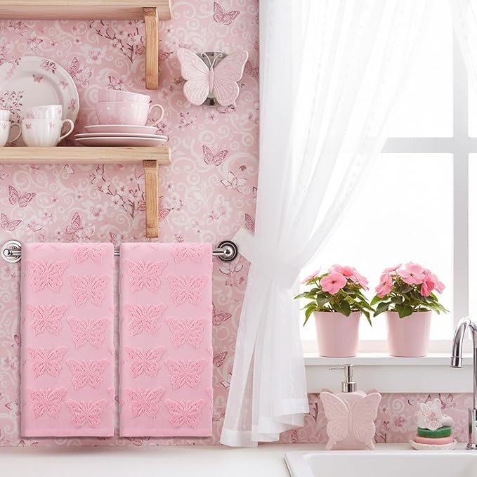 2 Pcs Butterfly Hand Towels for Bathroom Pink Butterfly 100% Cotton Jacquard Weave Bath Towel Set Soft Absorbent Dish Washcloth for Women Bathroom Kitchen Summer Gifts 13.8 x 29.5 Inch