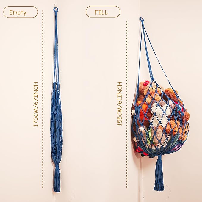 Stuffed Animal Storage Hammock Corner Hanging Net Stuffy Animal Hammock Macrame Toy Display Plush Toy Holder for Kid Bedroom Decor Boho Nursery Playroom Organizer (Blue)
