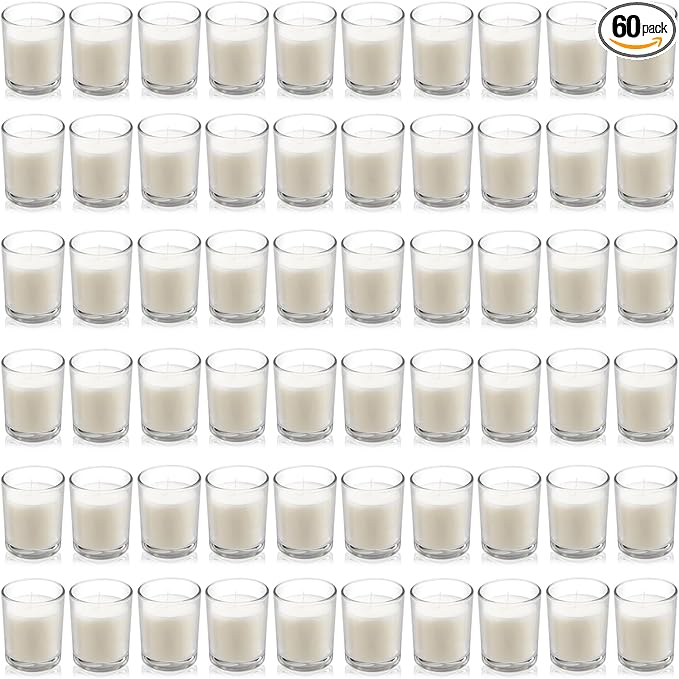 Housecret 60 Pack Warm White Unscented Clear Glass Filled Votive Candles. Hand Poured Wax Candle Ideal Gifts for Aromatherapy Spa Weddings Birthdays Holidays Party