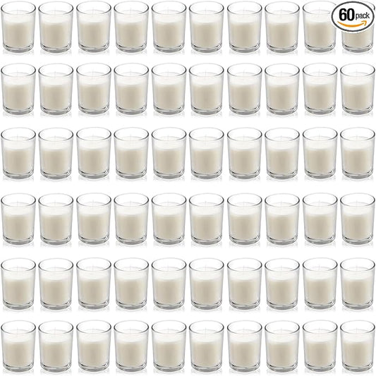 Housecret 60 Pack Warm White Unscented Clear Glass Filled Votive Candles. Hand Poured Wax Candle Ideal Gifts for Aromatherapy Spa Weddings Birthdays Holidays Party