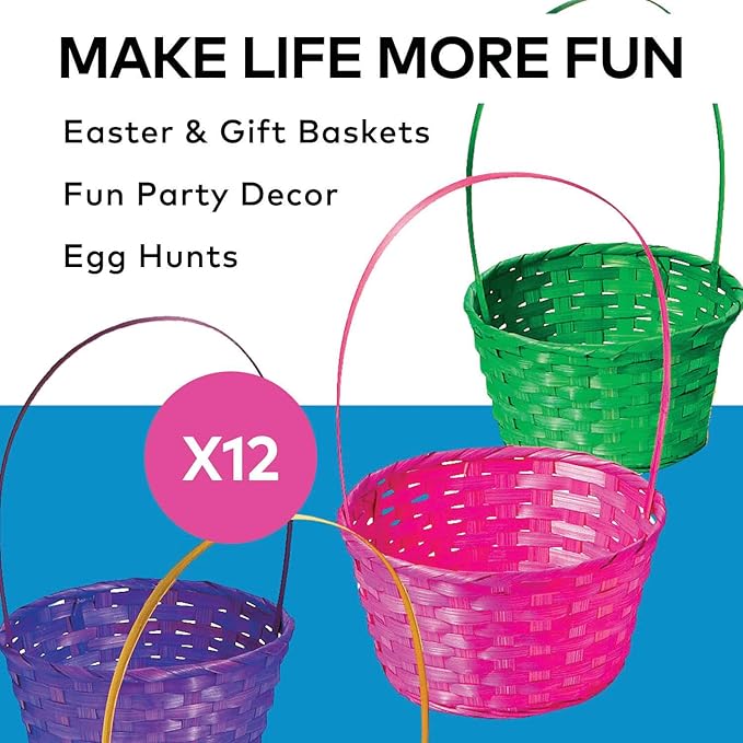 Fun Express Easter Baskets Bulk Set of 12 - Large 9 Inch Bamboo Easter Baskets with Handles for Kids Easter Egg Hunt | Empty Reusable Colorful Treats, Candy & Party Favors