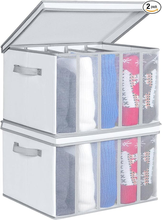 Univivi Large Size Wardrobe Clothes Organizer, 5 Grids Sweater Organizer for Closet with Handles, Support Boards and Lids, Foldable Closet Organizers for Sweaters, Pants, T-shirt, Hoodie- 2 Pack