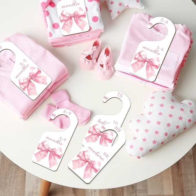 8Pcs Pink Bow Baby Closet Dividers Watercolor Bowknot Hanging Paper Closet Organizer Thicken Baby Wardrobe Organizer for Home Nursery Baby Shower