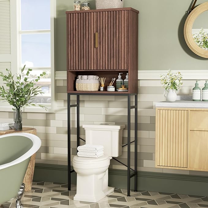 Over The Toilet Storage Cabinet with Fluted Doors and Adjustable Shelf, Tall Bathroom Organizer with Metal Stand Space Saver Over Toilet, Wood Rack for Bathroom, Restroom, Laundry