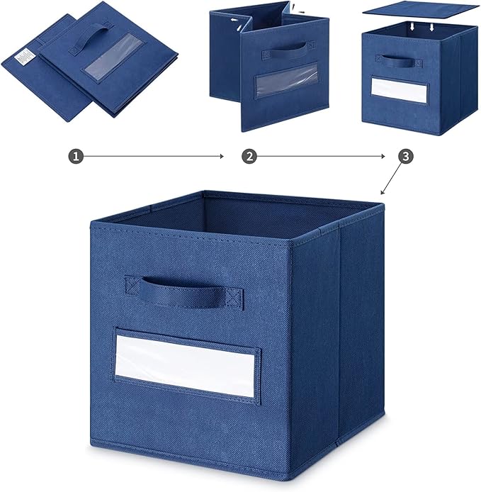 artsdi 13x13x13 storage cube bins(Set of 8) Fabric storage cubes with 8 Labels Window Cards & a Pen, storage cubes 13x13, Collapsible 13 inch cube storage bins, Cubby Boxes, Navy Blue