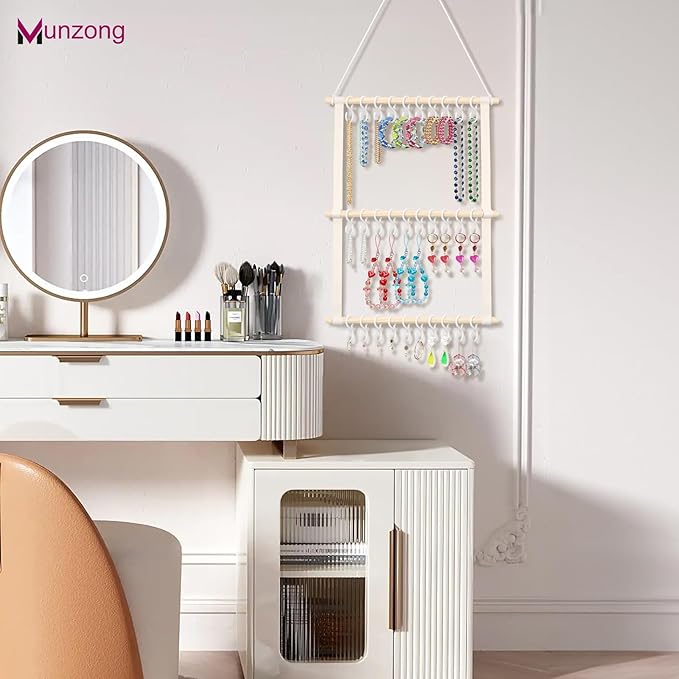 Munzong Headband Holder,Beige Bow Organizer for Baby Girls, Nursery Wall Hanging Clip Storage w/ 30 Hooks, Hair Accessories Organizer Rack Shelf for Toddler Kids Room Decor 15x20inch