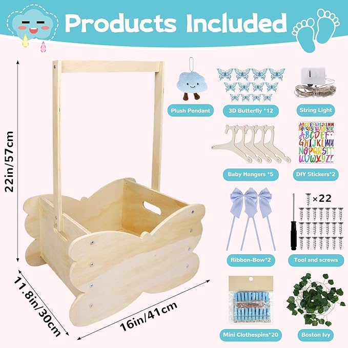 Wooden Baby Shower Crate Closet, Baby Shower Basket with 8 kinds of Accessories Personalized Newborn Boys Girls Gifts, Storage Crate Gifts for New Parent Pregnancy