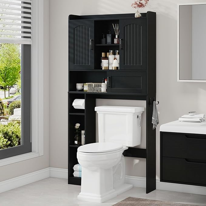 Vabches Farmhouse Over The Toilet Storage Cabinet with 2 Barn Doors & Sliding Door, Over The Toilet Bathroom Organizer with Open Storage Layer and Adjustable Shelves & Hooks.Black
