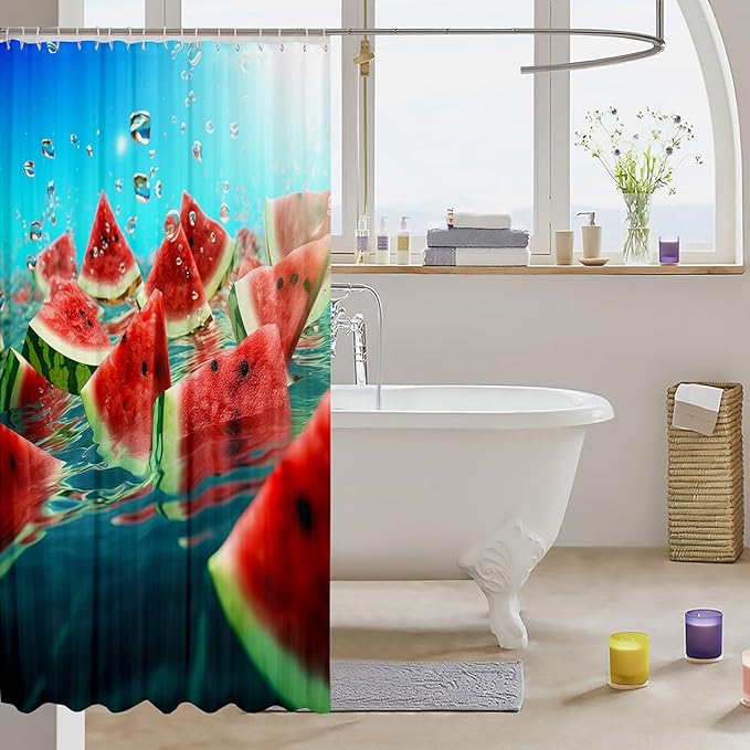 3D Watermelon Bathroom Shower Curtain - Cool Summer Fruits for Kids Boys Girls Decor, Tropical Delicious Waterproof Microfiber Bath Curtain, Red Blue, 12 Hooks, 72" Wx72 L