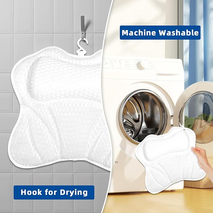 Bath Pillow, Bath Pillows for Tub Neck and Back Support, Bathtub Pillows for Head and Neck with 6 Strong Non-Slip Suction Cups, 4D Air Mesh, Bath Accessories Spa Gifts for Women(White)