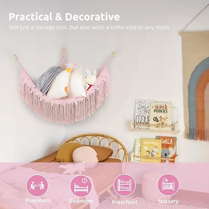 Large Stuffed Animal Hammock, Stuffed Animal Storage Toy Hammock Net for Stuffed Animals Corner, Plushie Net Hammock Toy Organizer for Boho Playroom Baby Nursery Decor