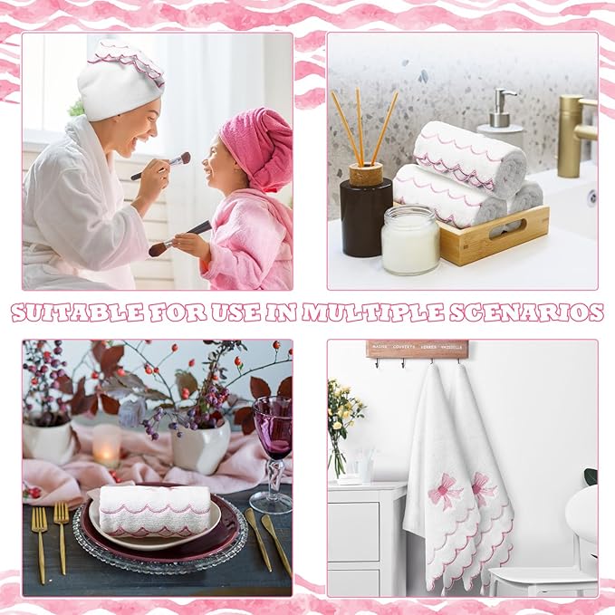2 Pcs Scalloped Hand Towels 100% Cotton Fingertip Towels for Bathroom 15.75 x 27.56 Inch 600 GSM Cute Soft Absorbent Embroidered Decorative for Home Hotel(Pink,Bow)