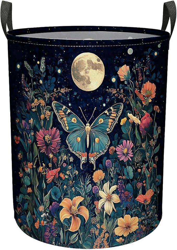 Butterfly Garden Laundry Basket for Women, Large Canvas Collapsible Organizer Storage Basket for Nursery,Office,Toy Organizer,Home,Decor - 19.7" X 15.7 "