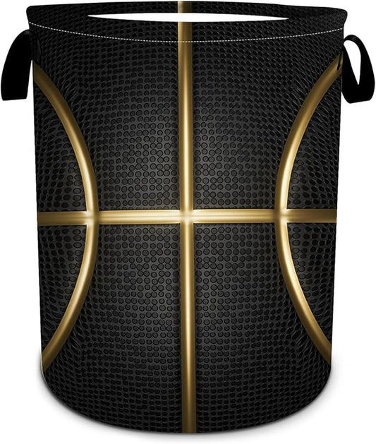 Black and Gold Basketball Laundry Basket, Foldable Waterproof Oxford Cloth Laundry Hamper Funny Tote Bag Dirty Clothes Storage Bucket Toy Organizer for Bathroom/Laundry/Bedroom 15.7"x19.6"