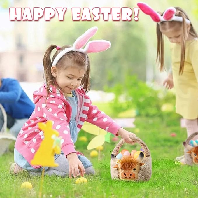 Easter Basket, Soft Highland Cow Plush Baskets, Easter Egg Hunt Buckets, Easter Decorations Indoor Outdoor, Cute Easter Gifts for Kids, Adults, Teens, Toddlers, Girls
