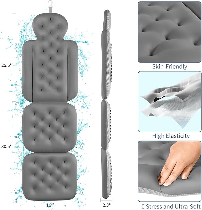 Bath Cushion, Full Body Bathtub Pillow with 160 Suction Cups, Bath Mat for Head and Neck Support, with Laundry Bag (Dark Gray, 56" x 16")
