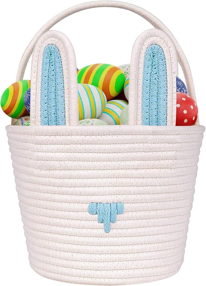 Easter Basket Empty Bunny Egg Baskets With Handle And Ears Easter Gifts Cute Woven Basket (blue)