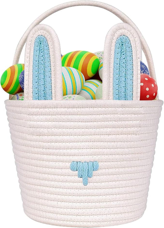 Easter Basket Empty Bunny Egg Baskets With Handle And Ears Easter Gifts Cute Woven Basket (blue)