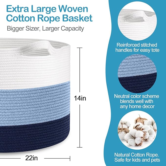 Large Kids Toy Basket, 22" x 14" Soft Woven Cotton Rope Basket, Toy Storage Bin for Kids, Big Baby Nursery Organization, Floor Stuffed Animal Storage, Blanket Pillow Holder for Living Room