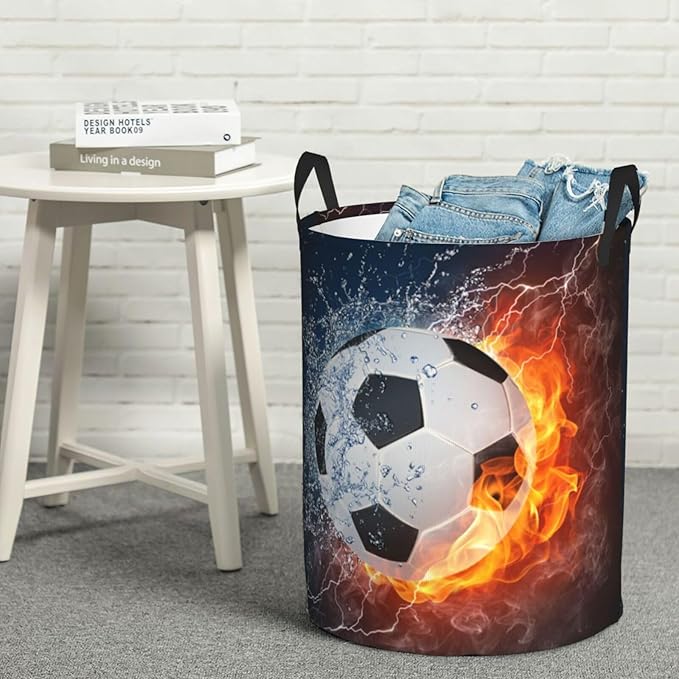 Soccer Ball In Fire And Water Round Laundry Hamper Sport Football Storage Basket Toys Clothes Organizer Bin For Home Bathroom Bedroom Dorm Nursery, 62l