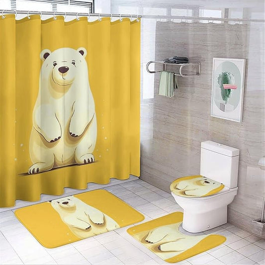 4 Piece Bathroom Rug Set with Shower Curtain, Non-Slip Bath Mat Toilet Cover Set, Cute Cartoon Polar Bear Bathroom Rug Sets