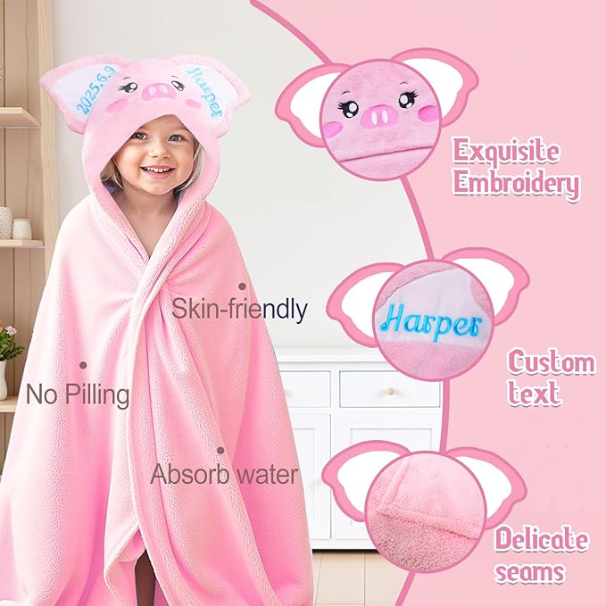 Baosity Custom Hooded Baby Towel with Name, Soft and Absorbent Customized Pig Toddler Towels, Baby Bath Towels for Boys and Girls, Easter Birthday Towel for Kids，Babies, Toddlers, Newborns Essential