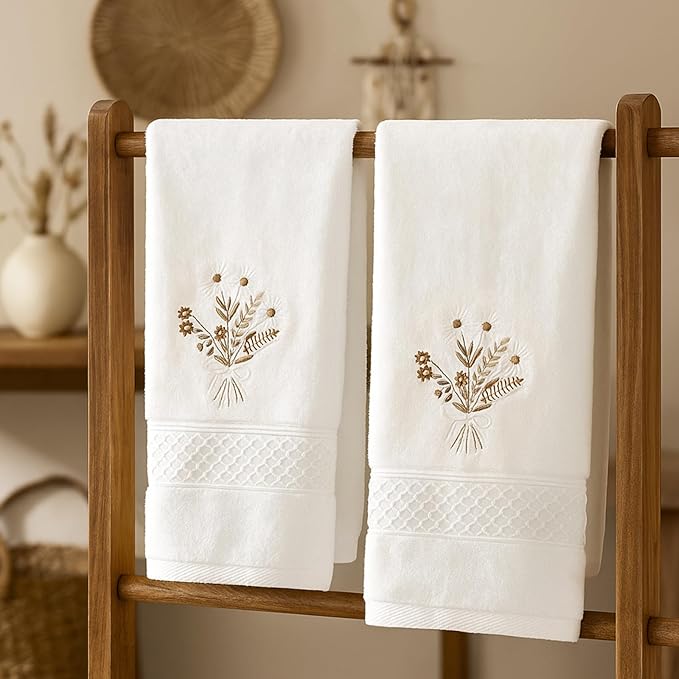 2 Pcs Boho Flowers Hand Towels Beige Bathroom Wildflowers Decor 14x29 Inch Embroidered 100% Cotton Soft Absorbent Spring Summer Decorative Hand Towels for Bathroom Kitchen