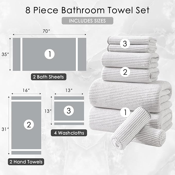 8-Piece Premium Towel Set for Bathroom|2 Oversized Large Bath Sheet,2 Hand Towels,4 Washcloths|Soft Cozy Highly Absorbent Fast Dry Microfiber Shower Towel Set for Hotel Bathroom Essentials,Beige White