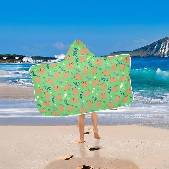 Green Cute Capybara Hooded Beach Towel for Kids, Kids Bath Hooded Towels for Boys Girls, Super Soft Absorbent Bathrobe with Hood for Swin Pool 50"x23.5"