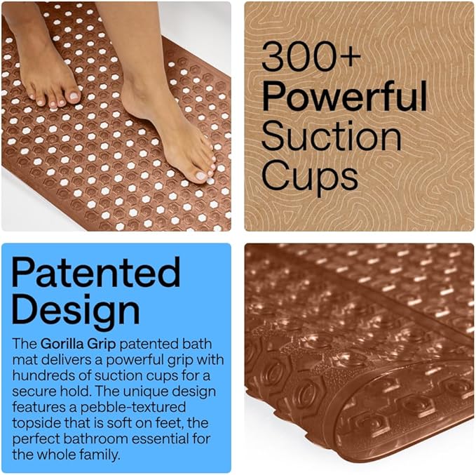 GORILLA GRIP Patented Bath Tub Shower Mat, Machine Washable Bathtub Floor Liner Mats, Suction Cups and Drain Holes to Keep Tubs Clean, Soft on Feet, Bathroom Essentials, 35x16 Inch, Brown