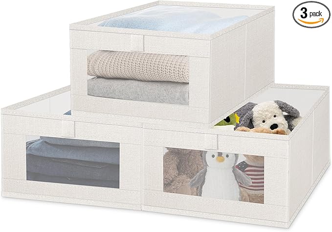 3 Pack Linen Storage Bins with Clear Window - Foldable Fabric Closet Organizer Shelf Baskets for Clothes, Toys, Towels, Jeans, Books, Shelves, 16"x11"x7" (Beige)