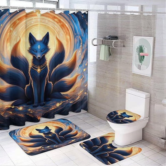 4 Piece Mythical Creature Kitsune Fox Shower Curtain + Bath Mats Set, Waterproof Contemporary Bath Room Curtains Absorbent Plush Carpet Mats
