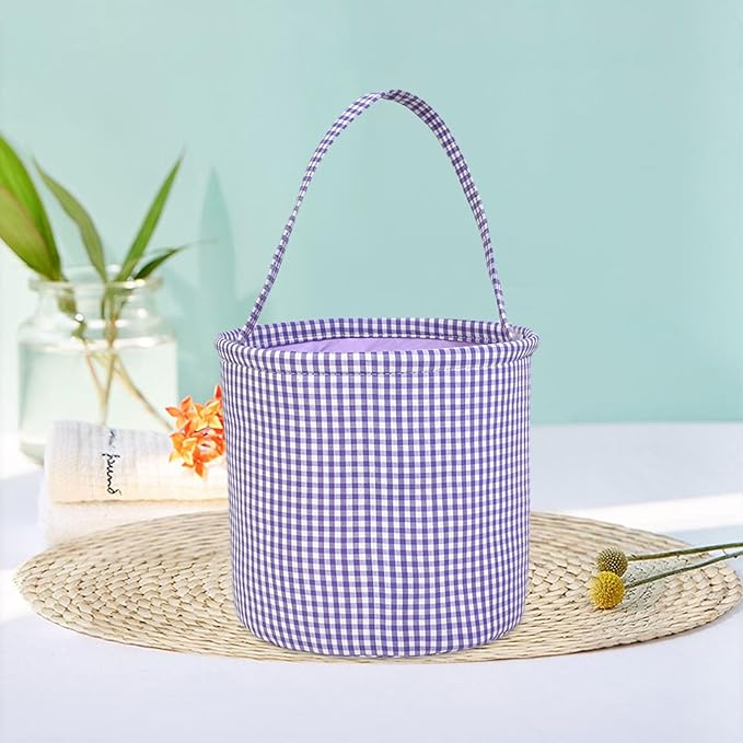 Plaid Easter Basket Stitch Easter Bag for Kids Colorful Cloth Baskets with Long Handle 9 Inch Spring Decorations (Purple)