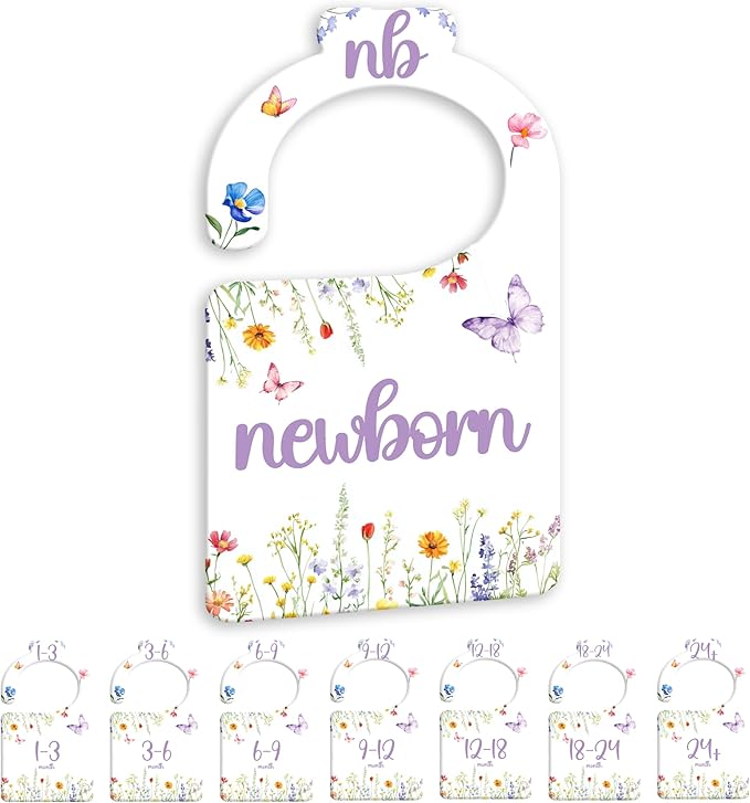 Watercolor Wildflowers Baby Closet Dividers for Nursery Closet Organizer, Newborn to 24 Months Size Clothes, Purple Butterfly Hangers with Size Dividers, Double Sided