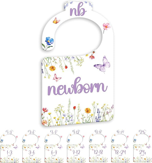 Watercolor Wildflowers Baby Closet Dividers for Nursery Closet Organizer, Newborn to 24 Months Size Clothes, Purple Butterfly Hangers with Size Dividers, Double Sided