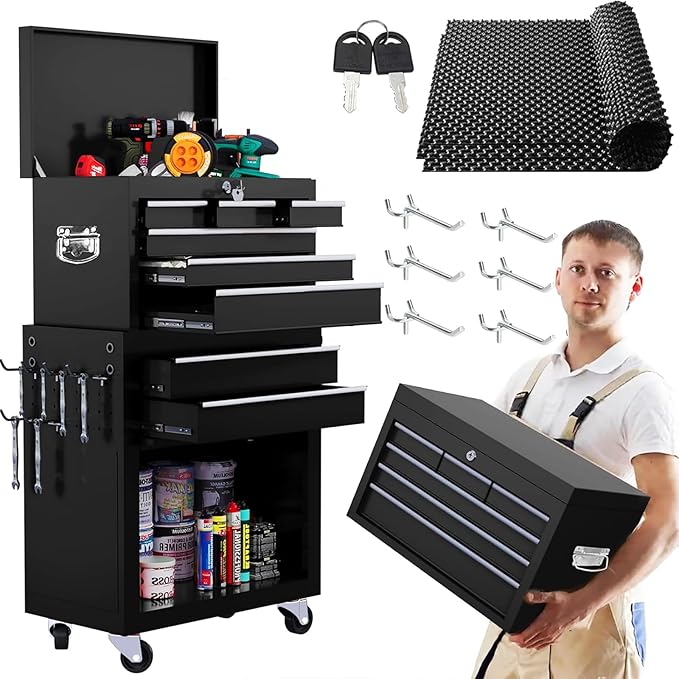 8-Drawer Rolling Tool Chest – 2-in-1 Lockable Tool Box with Wheels, Sliding Drawers & Detachable Top – Garage & Workshop Storage Cabinet, Black