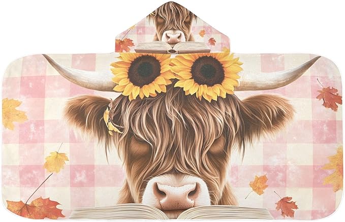 A Highland Cow with Sunflowers Hooded Beach Towel for Kids, Kids Bath Hooded Towels for Boys Girls, Super Soft Absorbent Bathrobe with Hood for Swin Pool 50"x23.5"