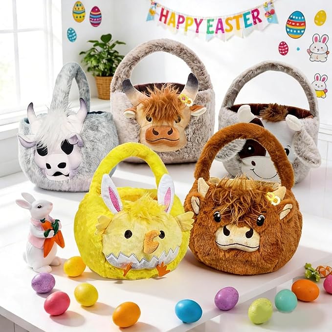 2026 Highland Cow Plush Baskets Easter Basket, Easter Egg Hunt Buckets, Easter Decorations Indoor Outdoor, Cute Easter Gifts for Kids, Adults, Teens, Toddlers, Girls