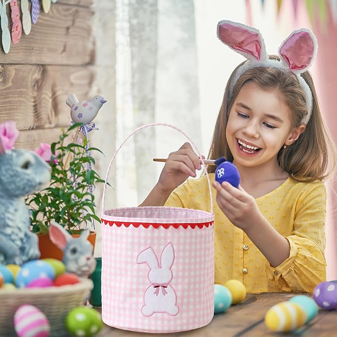 DYSHAYEN Bunny Easter Basket, Gingham Empty Easter Bucket with Handle for Easter Egg Hunts Party Favor Decorations (Pink)