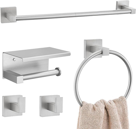 5-Piece Bathroom Hardware Set Brushed Nickel Bathroom Hardware Accessories Set Upgraded Toilet Paper Holder with Shelf Towel Holder Set for Bathroom Stainless Steel Wall Mounted