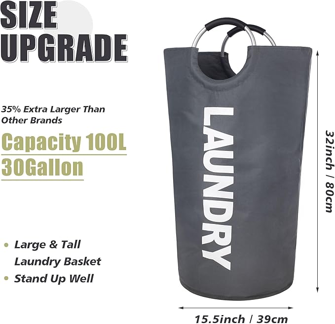 Twira 100L Large Laundry Basket, Laundry Hamper Stands Up Well, Laundry Bag with Padded Handles, Waterproof Clothes Bin Collapsible, Clothes Hamper for Bathroom, Laundry, College (Dark Grey)