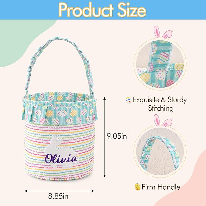 MT WORLD Toddler Easter Bunny Basket Personalized Easter Egg Bucket for Kids with Name Rabbit Ruffle Bucket Tote for Baby Boys Girls Easter Egg Hunts Decorations Candy Gifts Storage (Rainbow)