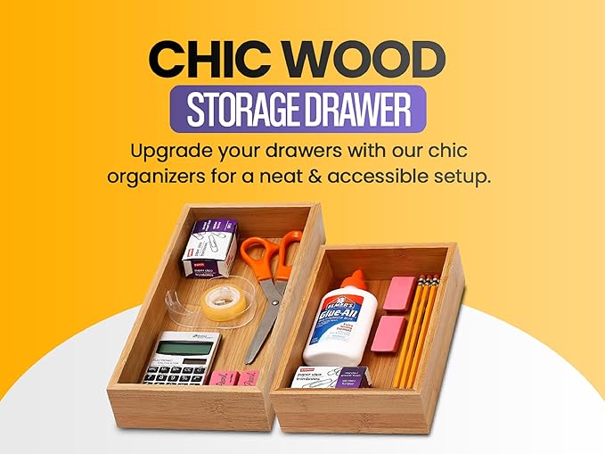 YBM Home Bamboo Drawer Organizer Storage Box for Kitchen Drawer, Junk Drawer, Office, Bedroom, Children Room, Craft, Sewing, and Bathroom, 2 Pack 10x14x2 inch