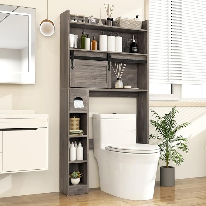 Tangkula Over The Toilet Storage Cabinet, Farmhouse Freestanding Above Toilet Rack w/Sliding Barn Door, Adjustable Shelves, Toilet Paper Holder, 2 Hooks, Bathroom Space Saver (Retro, Grey)