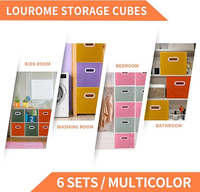 Lourome 11 inch Cube Storage Organizer, Closet Organizers and Storage Bins with Handle, Collapsible Storage Bins for Shelves, Baskets Box for Clothes, Home, Toy, Lego, Fabric, Pack of 6