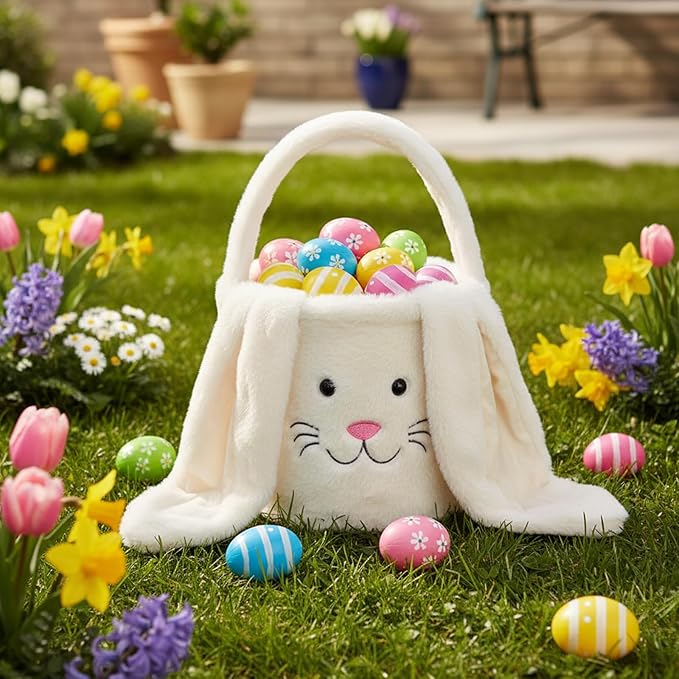 Plush Easter Bunny Basket,Soft Bunny Easter Bucket for Egg Hunt and Candy,Easter Decorations Party Favors Gifts Storage (Plush-White)