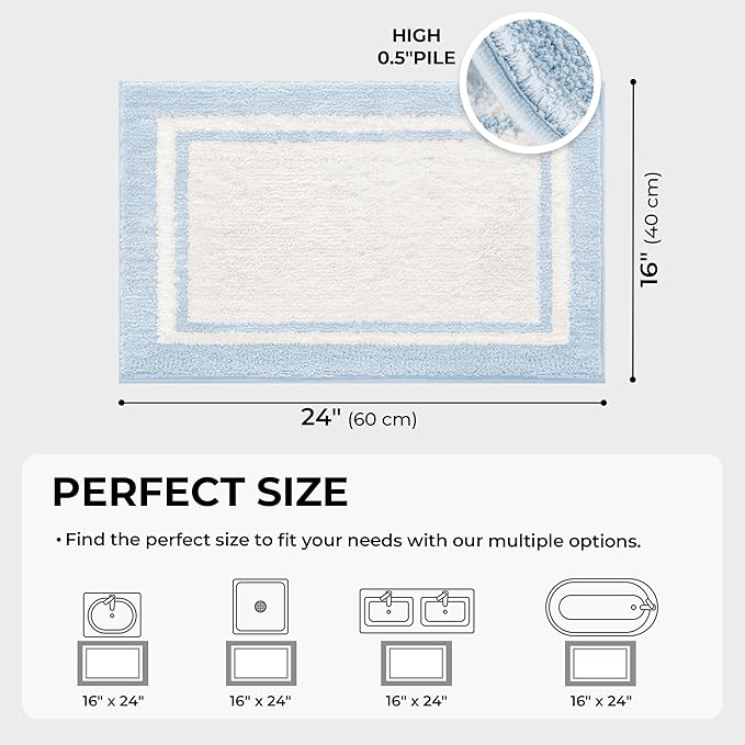 GRANNY SAYS Microfiber Bathroom Rugs Non Slip Washable, Water Absorbent Bathroom Mats for Tub Non Slip, Soft Bath Mats for Floor & Shower, Bath Rug, 16" x 24", Black Bath Rug, Baby Blue