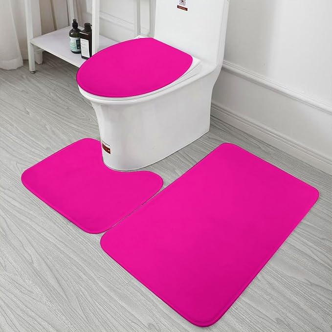 3 Pieces Bath Rug Sets, Neon Pink Modern Bathroom Mat Set Non Slip U Shaped Contour Rug & Toilet Lid Cover